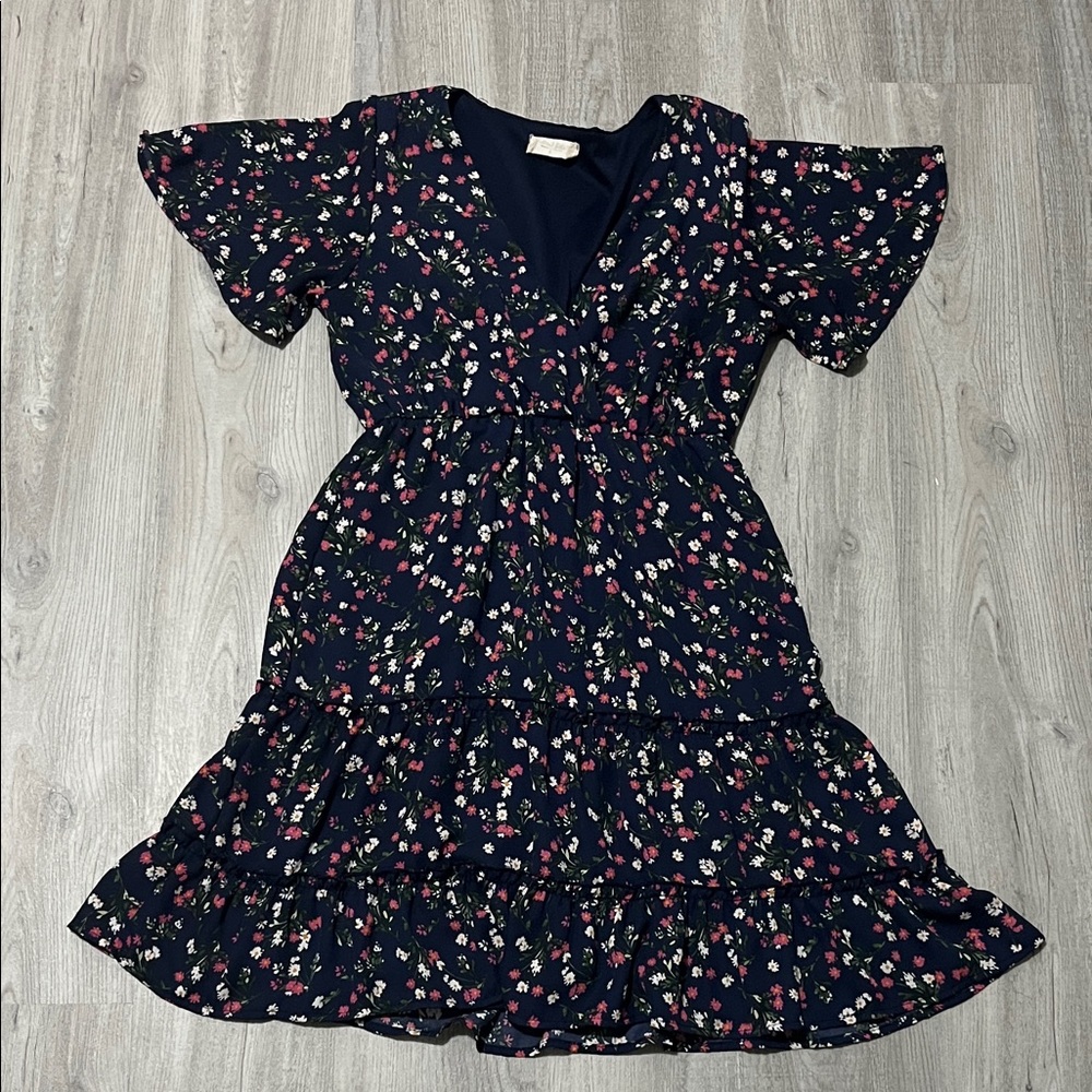 Altar'd State Navy Floral Kids Dress V-Neck, Ruffles, Loose Sleeves